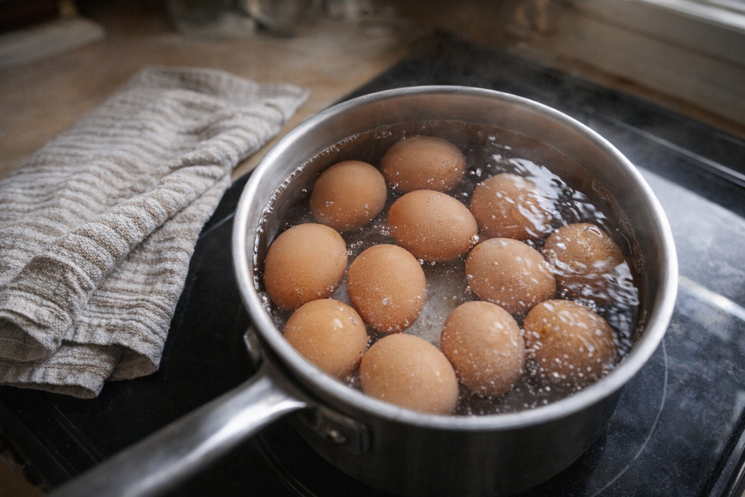 A top-down view of a saucepan filled with eggs covered in cold water, ready to be boiled, kitchen towel on the side, natural light.